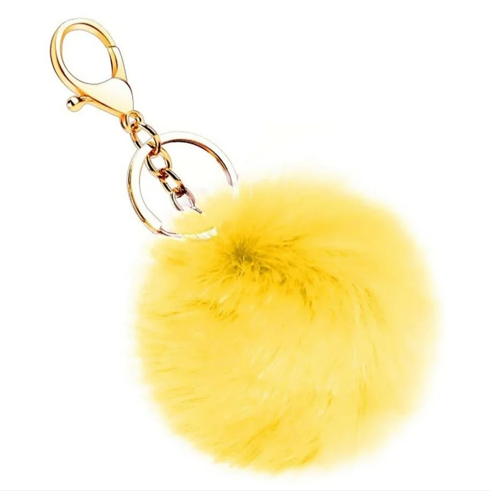 Soft Fluffy Yellow Faux Rabbit Fur Ball Gold Keychain Key Chain Bag Accessories